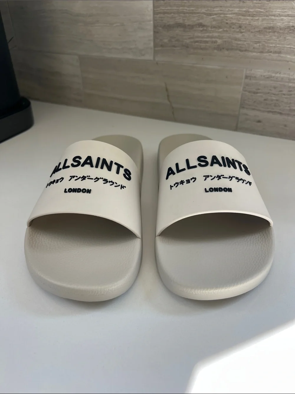 ALLSAINTS underground logo open toe slip on slider sandals cream light gray 42